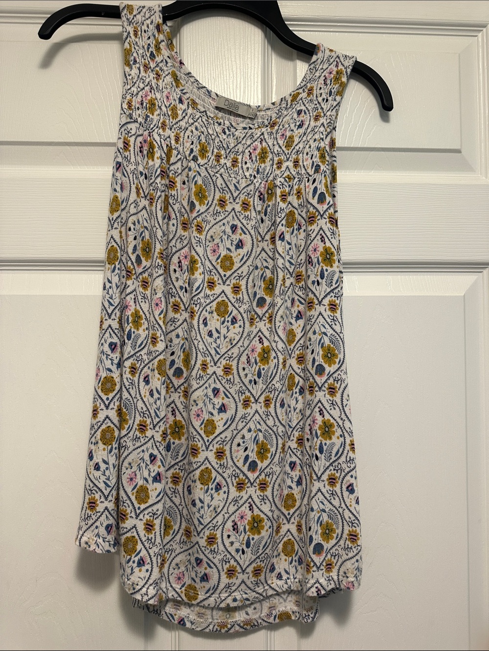 Dalia White Top with Blue and Pink Floral Accents